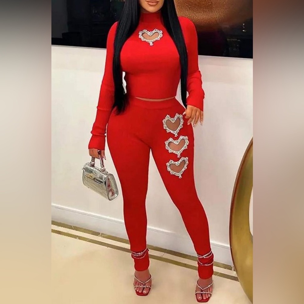 Red Two Piece Heart Cut Out Embroidered Design Long Sleeve Top Leggings Set